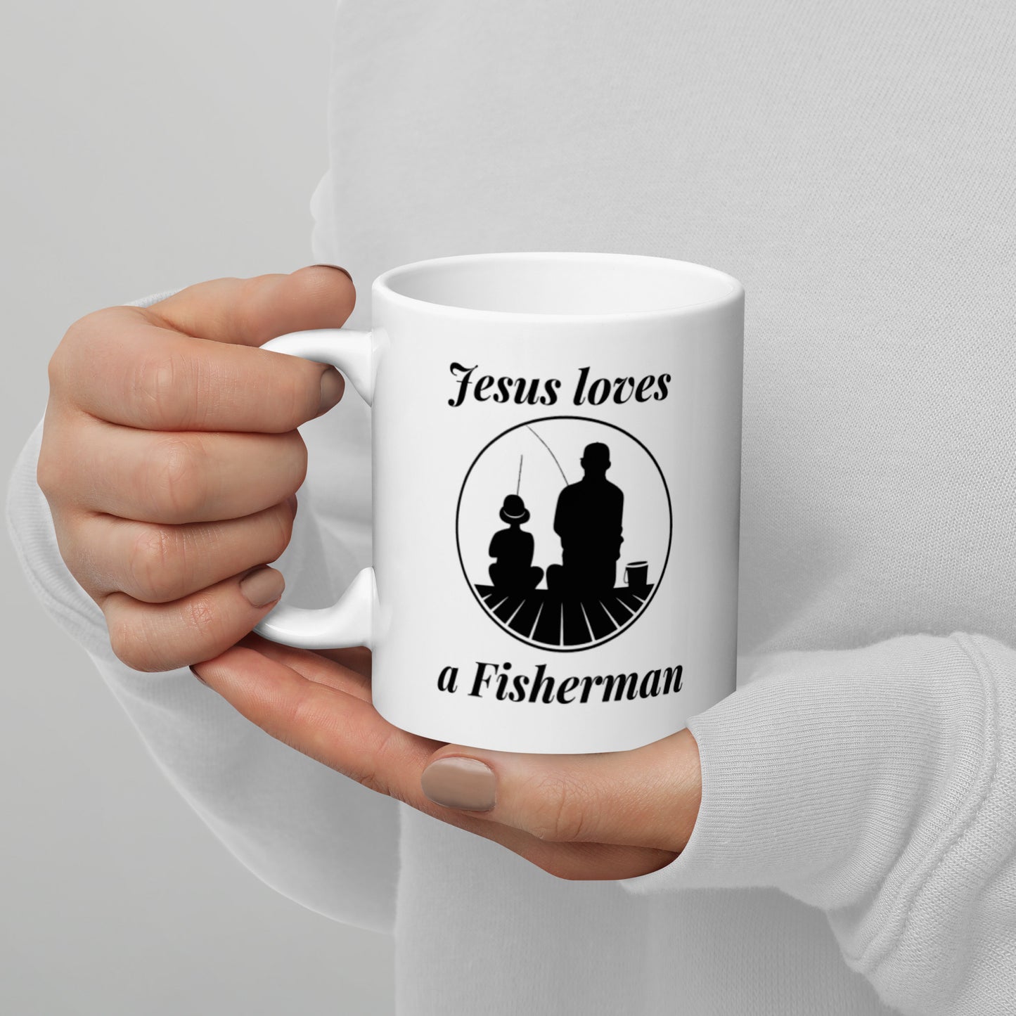 "Jesus loves a Fisherman" White Glossy Mug, 11oz and 15oz