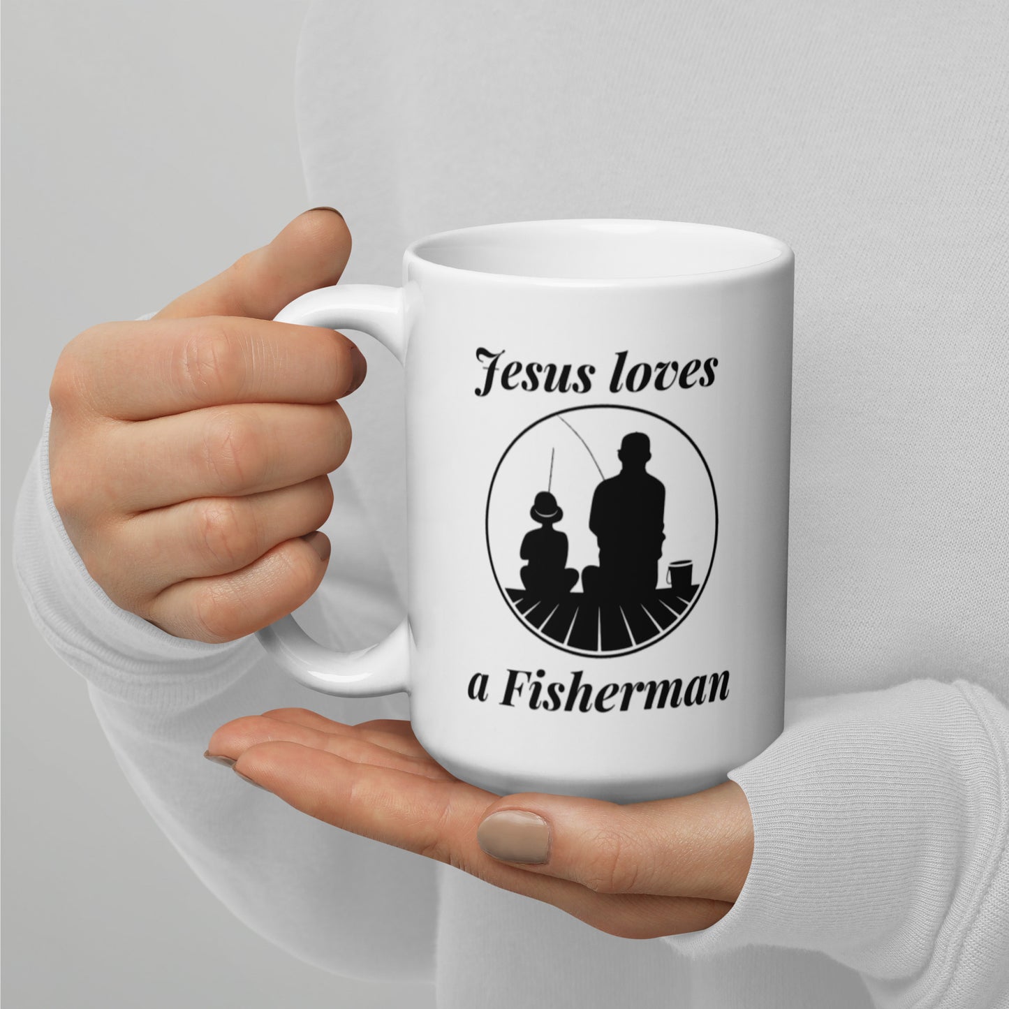 "Jesus loves a Fisherman" White Glossy Mug, 11oz and 15oz