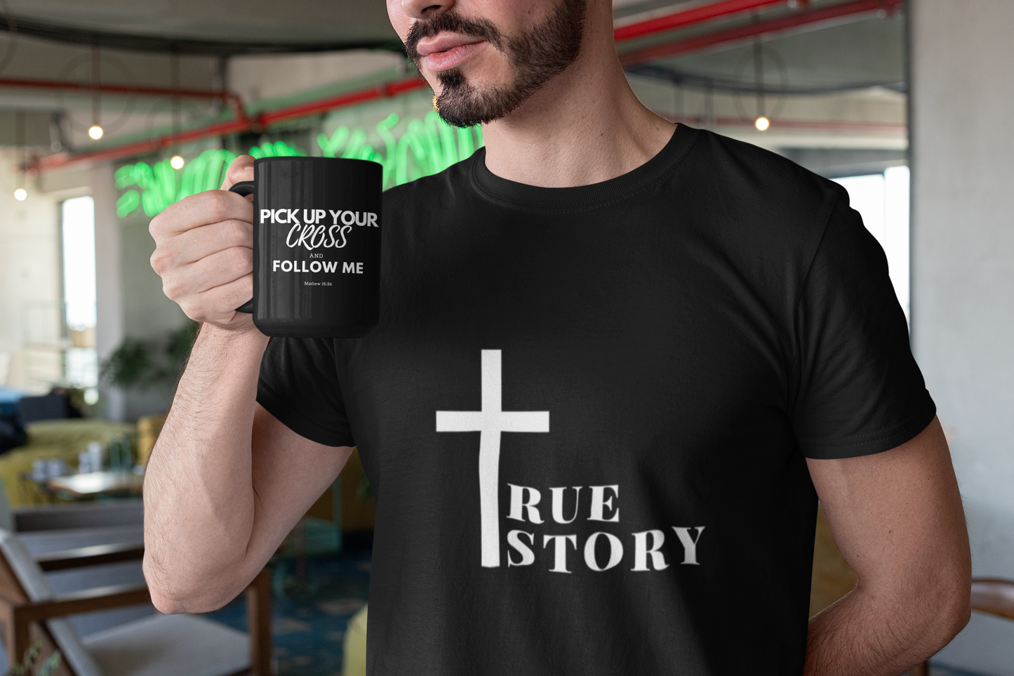 "Pick up your cross and follow Me" Black Glossy Mug, 11oz and 15oz
