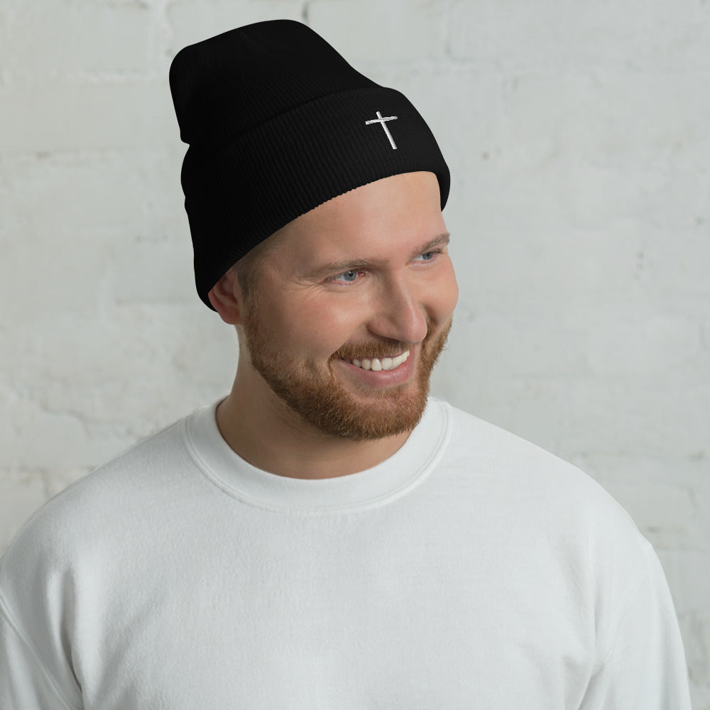 Embroidered Cross Cuffed Beanie