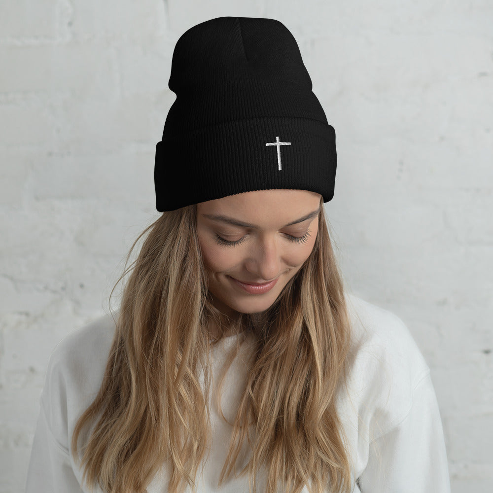 Embroidered Cross Cuffed Beanie