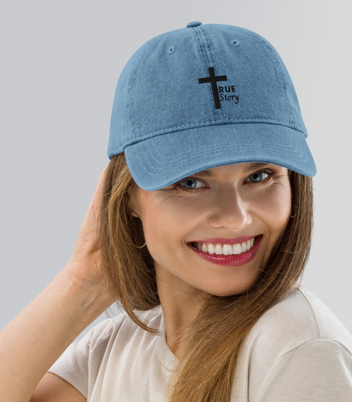 Embroidered Cross "True Story" Denim Hat